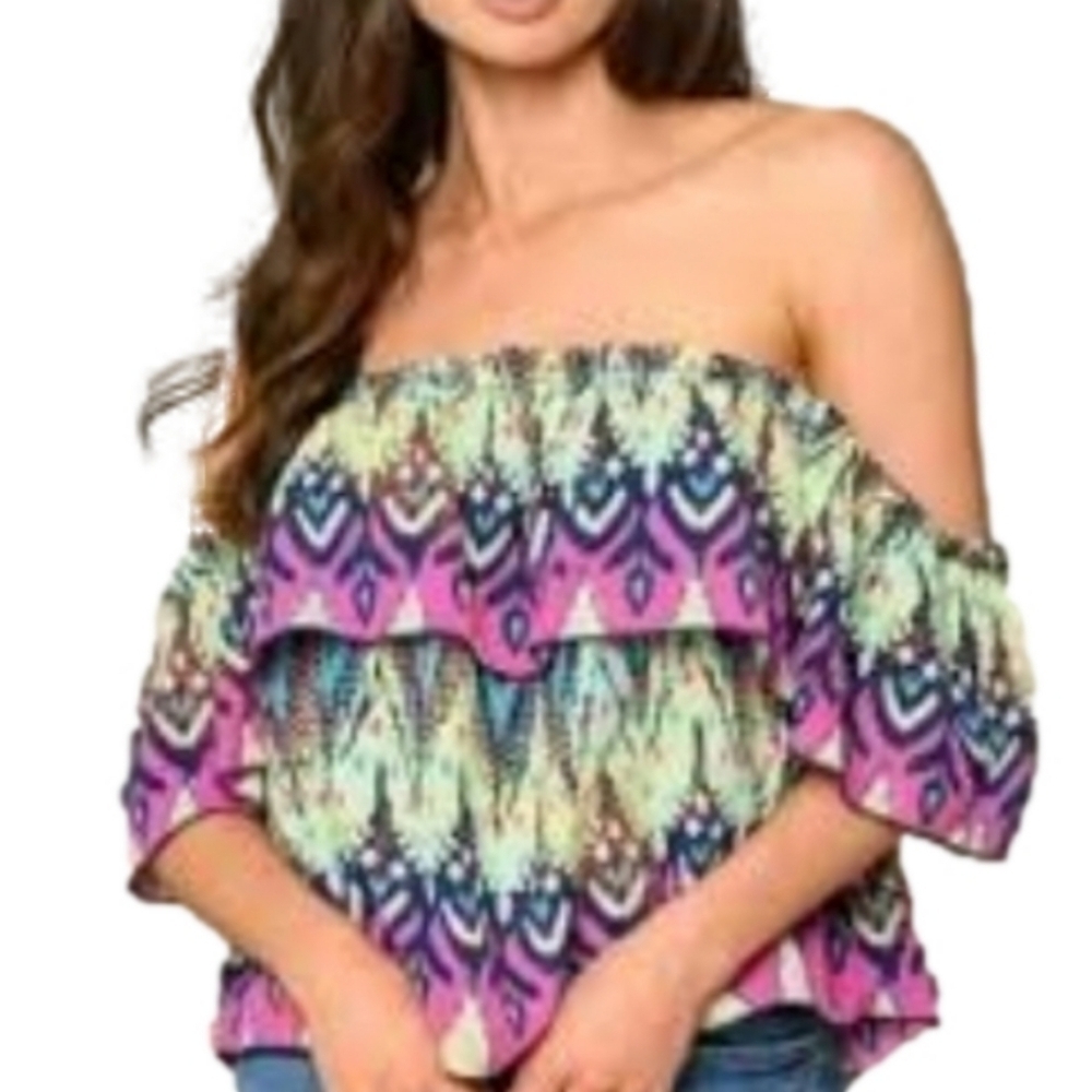 Tyche Colorful Ikat Print Off The Shoulder Ruffle Top Size Small